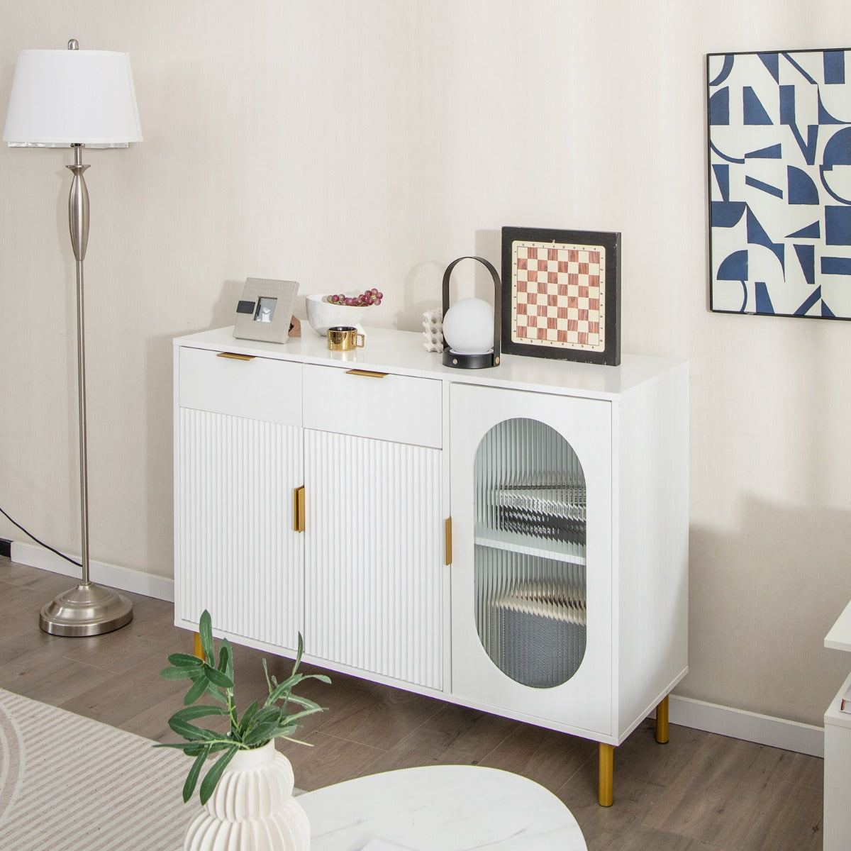 Aparador Independiente Buffet con 2 Cajones Puertas Patas de Metal Gabinete de Cocina para Comedor y Sala de Estar 120 x 40 x 88 cm Blanco