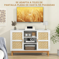 Aparador Buffet de 120 cm Gabinete de Almacenamiento con 2 Puertas Tejidas de Bambú 3 Estantes Abiertos para Cocina Comedor Blanco