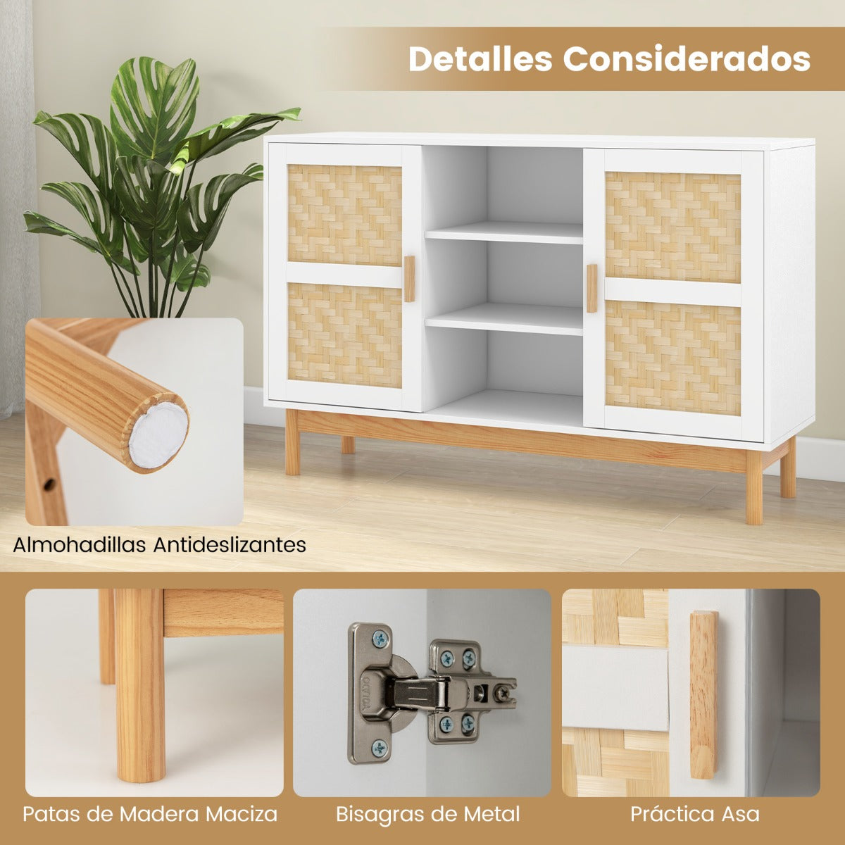 Aparador Buffet de 120 cm Gabinete de Almacenamiento con 2 Puertas Tejidas de Bambú 3 Estantes Abiertos para Cocina Comedor Blanco