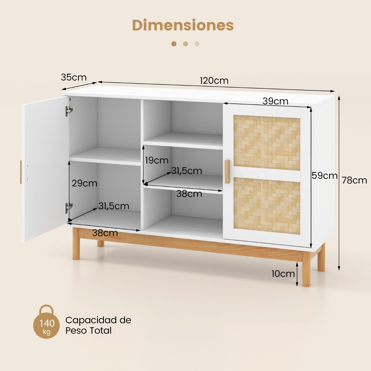 Aparador Buffet de 120 cm Gabinete de Almacenamiento con 2 Puertas Tejidas de Bambú 3 Estantes Abiertos para Cocina Comedor Blanco