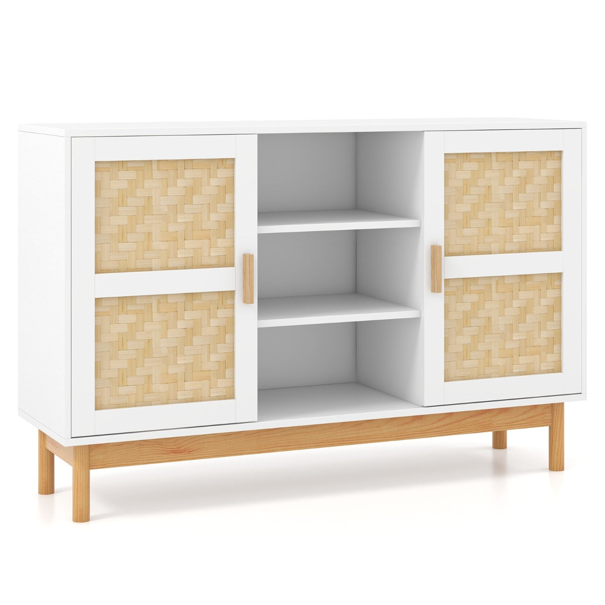 Aparador Buffet de 120 cm Gabinete de Almacenamiento con 2 Puertas Tejidas de Bambú 3 Estantes Abiertos para Cocina Comedor Blanco
