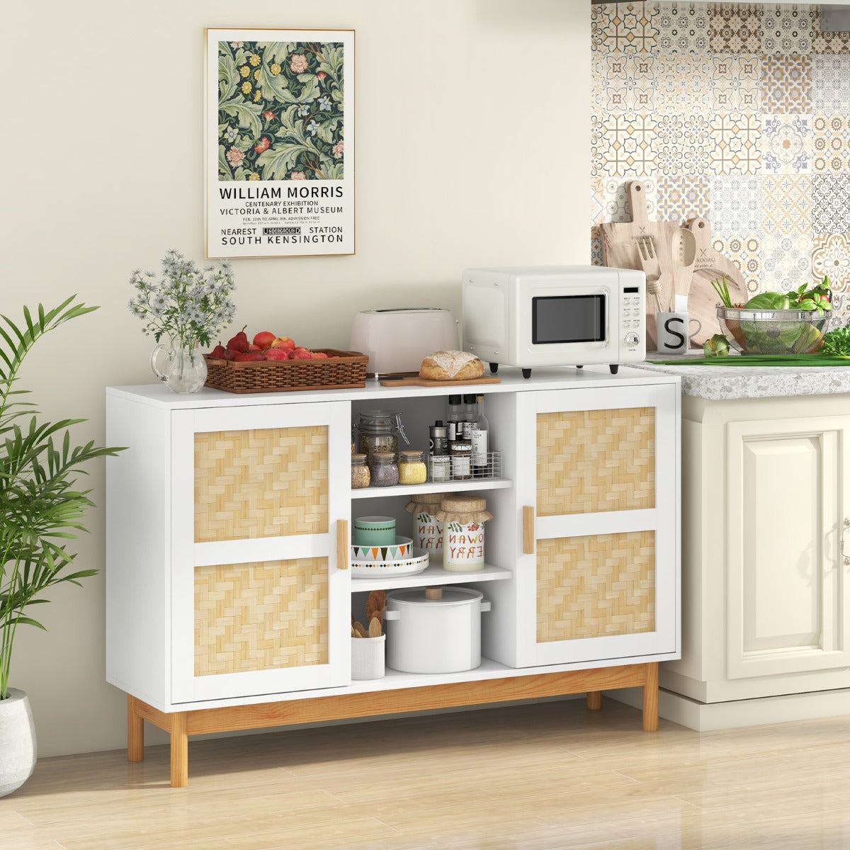 Aparador Buffet de 120 cm Gabinete de Almacenamiento con 2 Puertas Tejidas de Bambú 3 Estantes Abiertos para Cocina Comedor Blanco