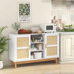 Aparador Buffet de 120 cm Gabinete de Almacenamiento con 2 Puertas Tejidas de Bambú 3 Estantes Abiertos para Cocina Comedor Blanco