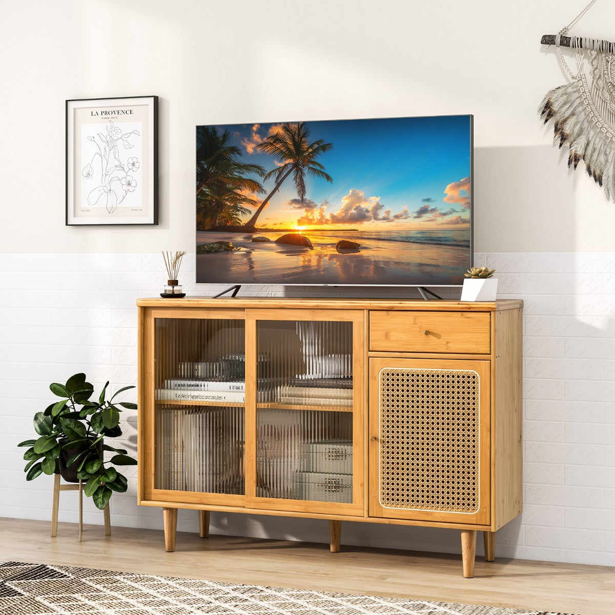 Aparador Buffet Gabinete de Almacenamiento de Bambú con Puertas Corredizas de Vidrio Templado Puerta de Ratán para Comedor Natural