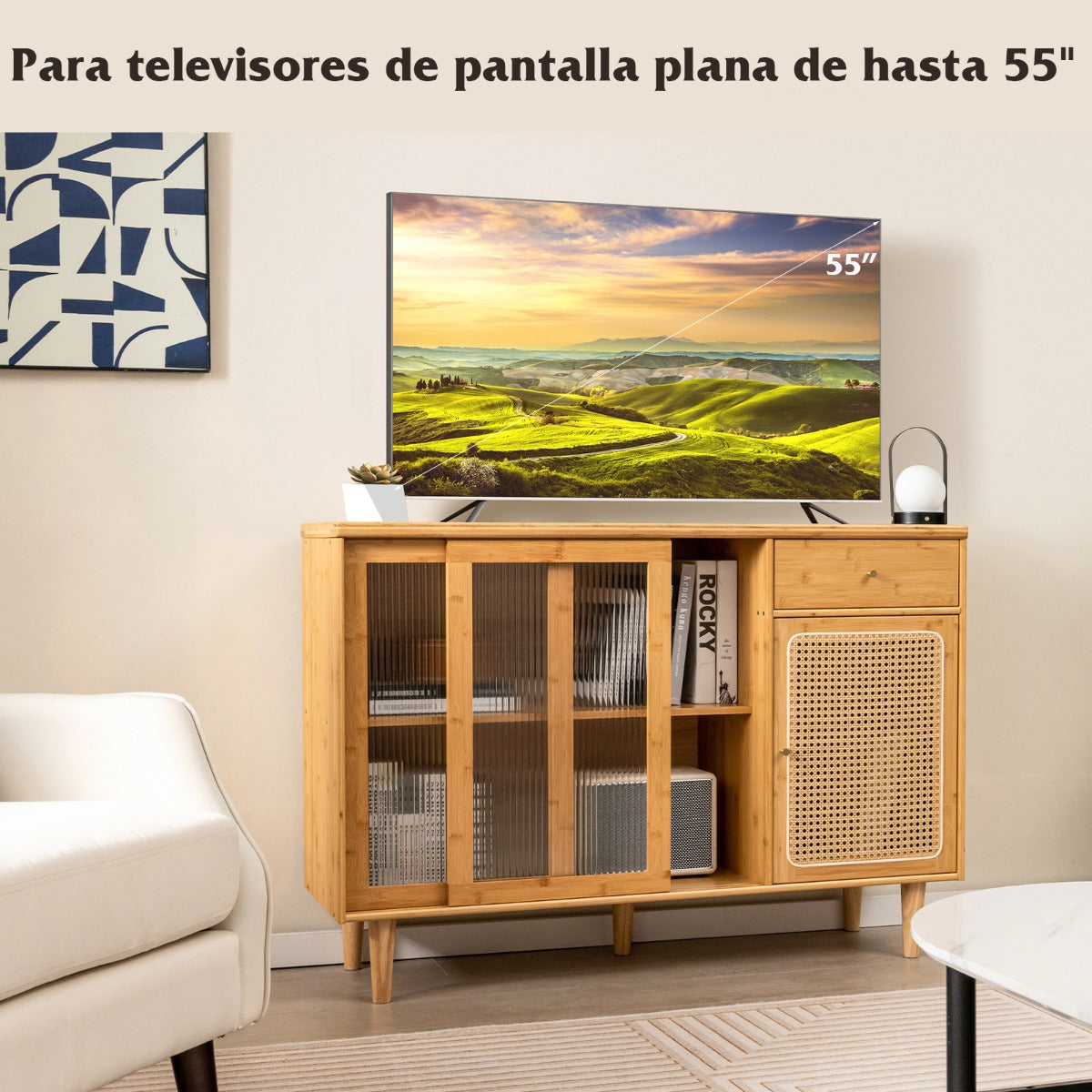 Aparador Buffet Gabinete de Almacenamiento de Bambú con Puertas Corredizas de Vidrio Templado Puerta de Ratán para Comedor Natural