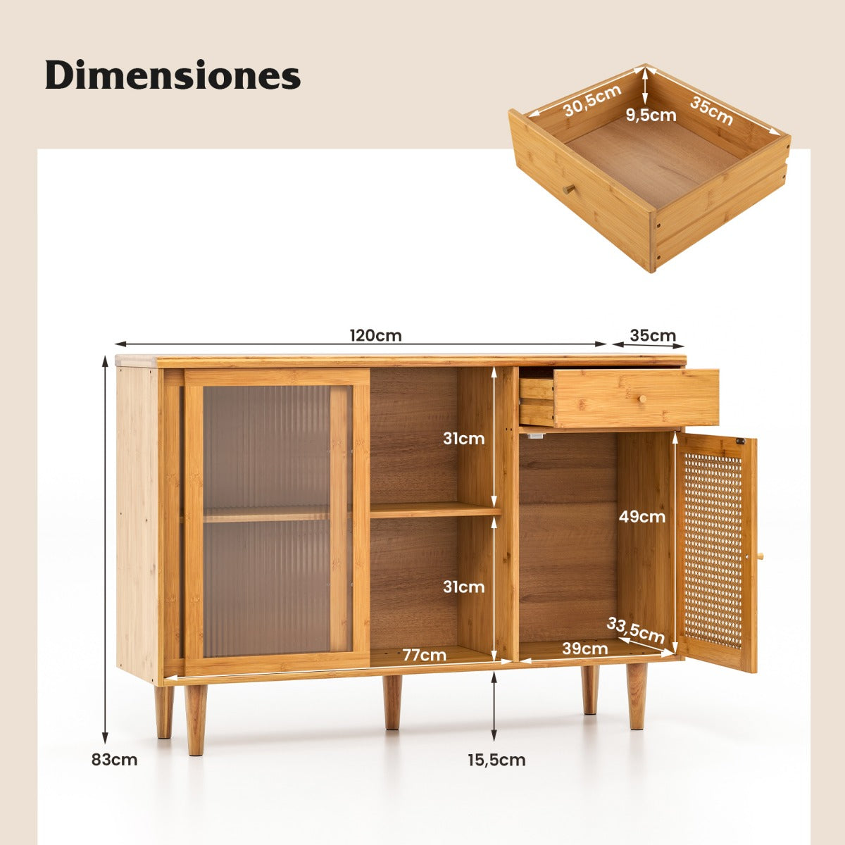Aparador Buffet Gabinete de Almacenamiento de Bambú con Puertas Corredizas de Vidrio Templado Puerta de Ratán para Comedor Natural