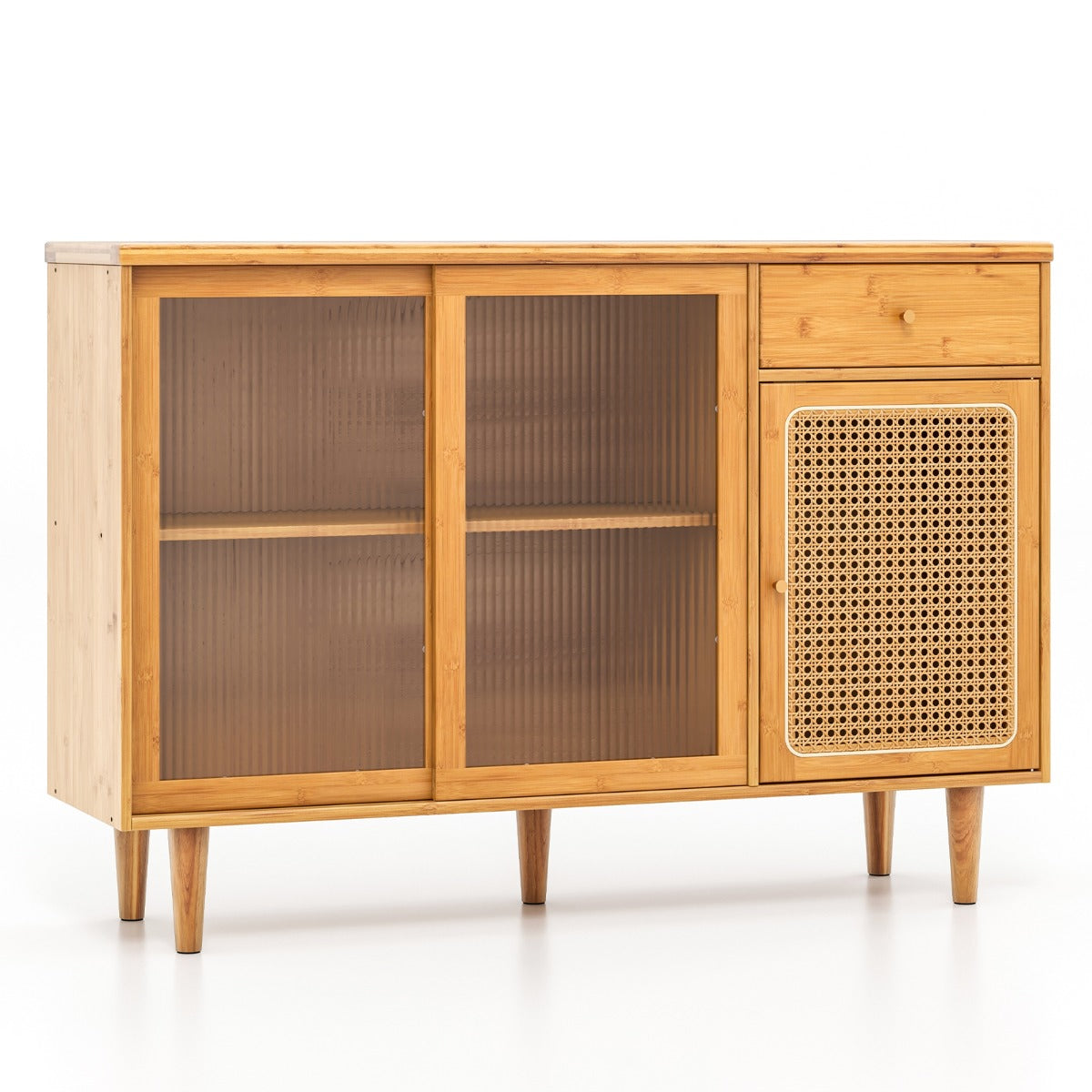 Aparador Buffet Gabinete de Almacenamiento de Bambú con Puertas Corredizas de Vidrio Templado Puerta de Ratán para Comedor Natural
