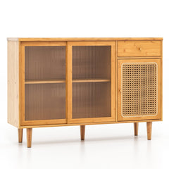 Aparador Buffet Gabinete de Almacenamiento de Bambú con Puertas Corredizas de Vidrio Templado Puerta de Ratán para Comedor Natural