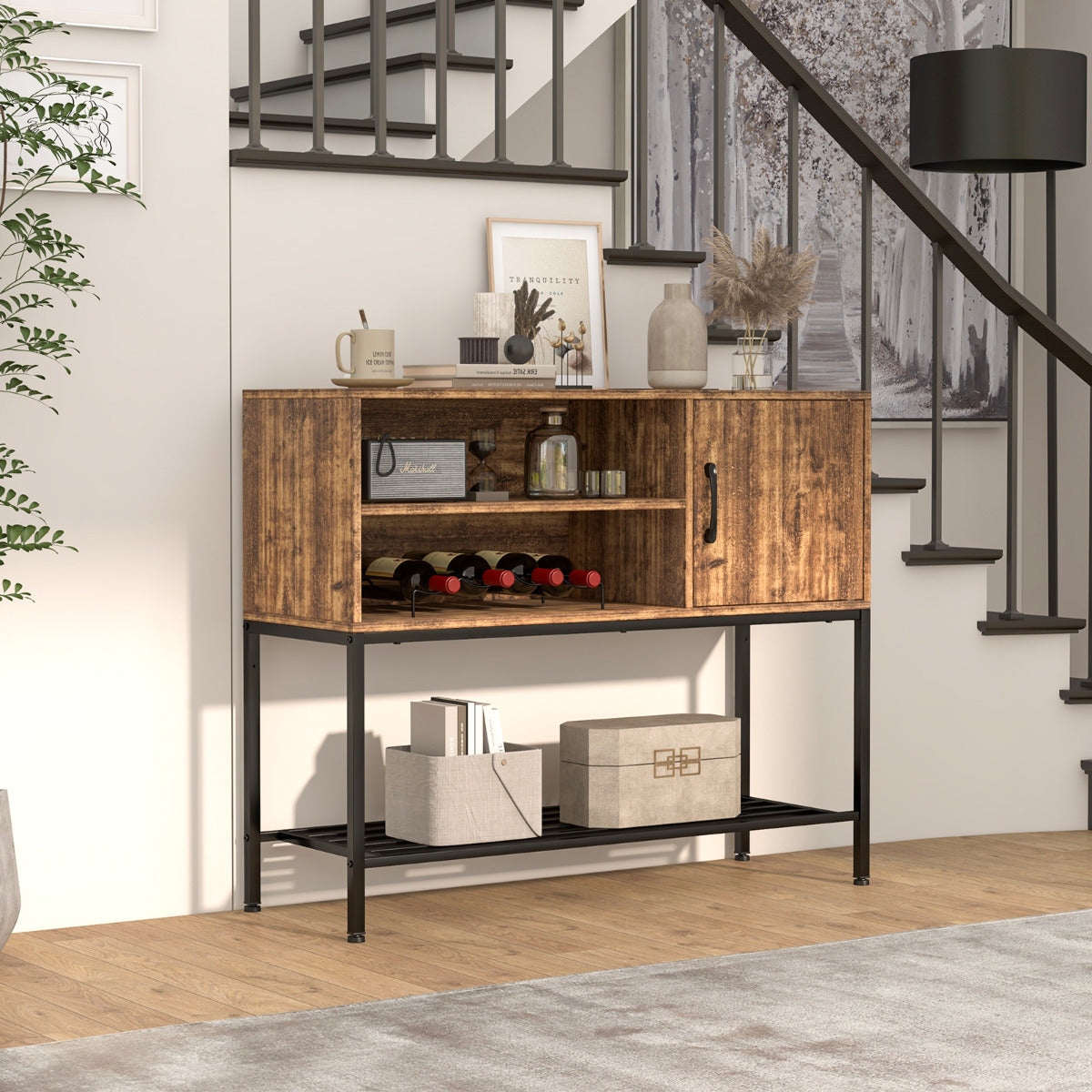 Aparador Buffet Mesa Consola con Estantes para Vinos y Estantes de Almacenamiento Aparador Marco de Metal para Comedor Salón Entrada Marrón