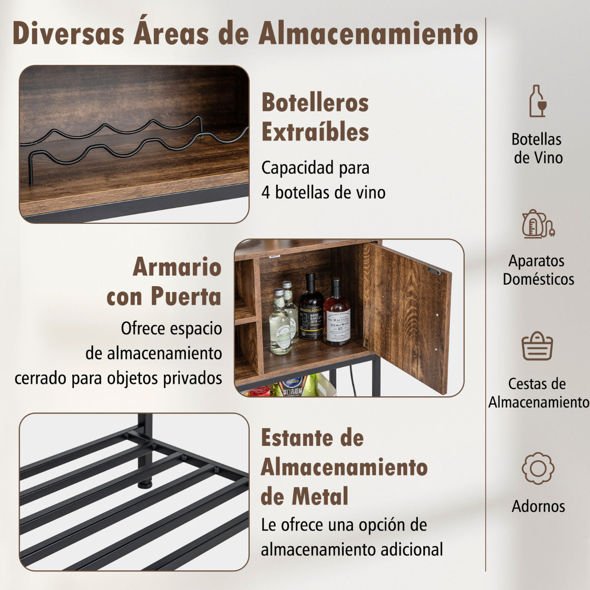 Aparador Buffet Mesa Consola con Estantes para Vinos y Estantes de Almacenamiento Aparador Marco de Metal para Comedor Salón Entrada Marrón