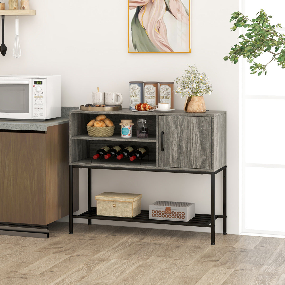 Aparador Buffet Mesa Consola con Estantes para Vinos y Estantes de Almacenamiento Aparador Marco de Metal para Comedor Salón Entrada Gris