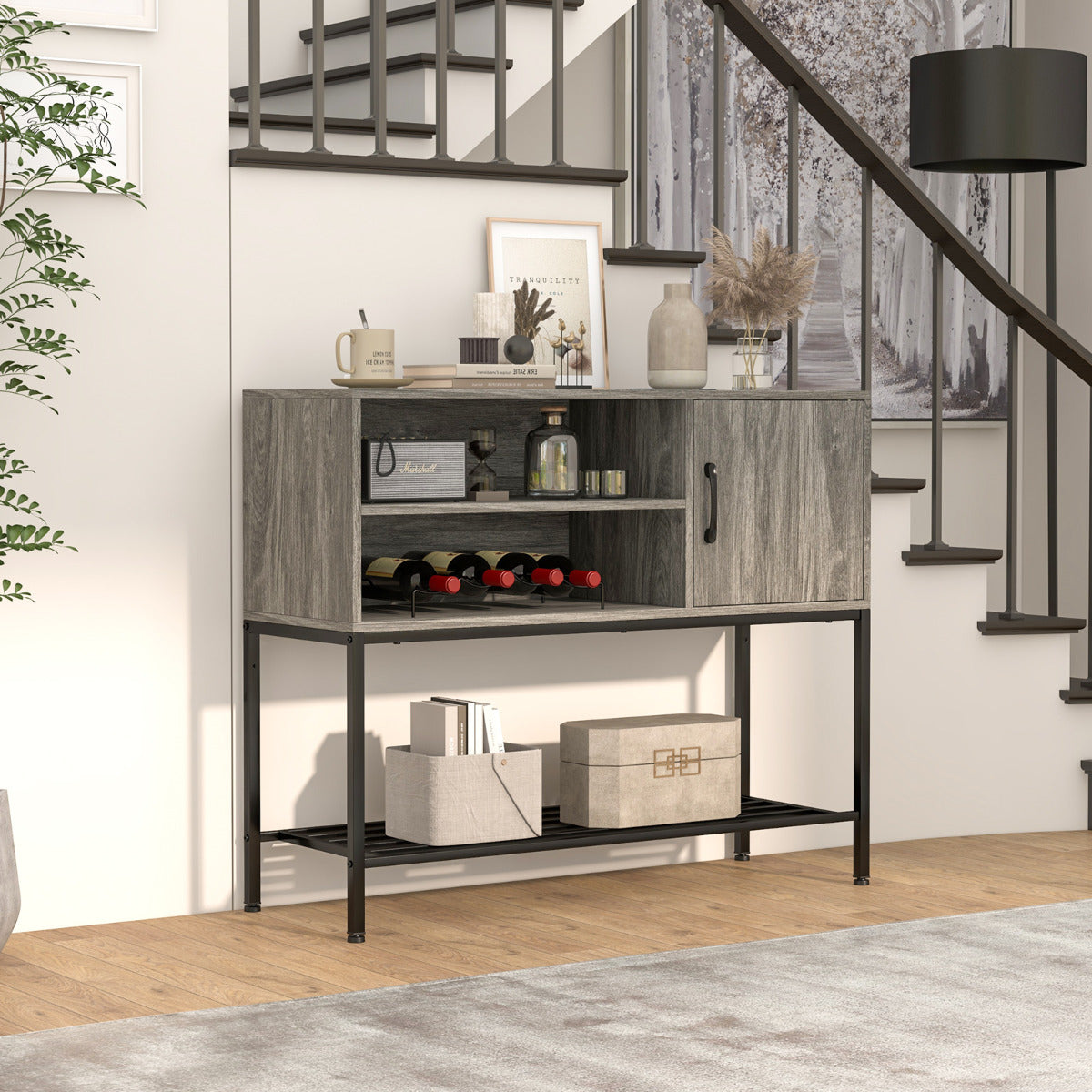 Aparador Buffet Mesa Consola con Estantes para Vinos y Estantes de Almacenamiento Aparador Marco de Metal para Comedor Salón Entrada Gris