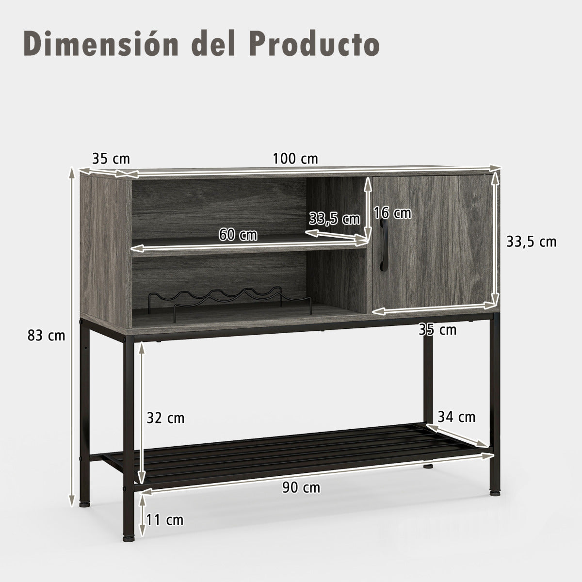 Aparador Buffet Mesa Consola con Estantes para Vinos y Estantes de Almacenamiento Aparador Marco de Metal para Comedor Salón Entrada Gris