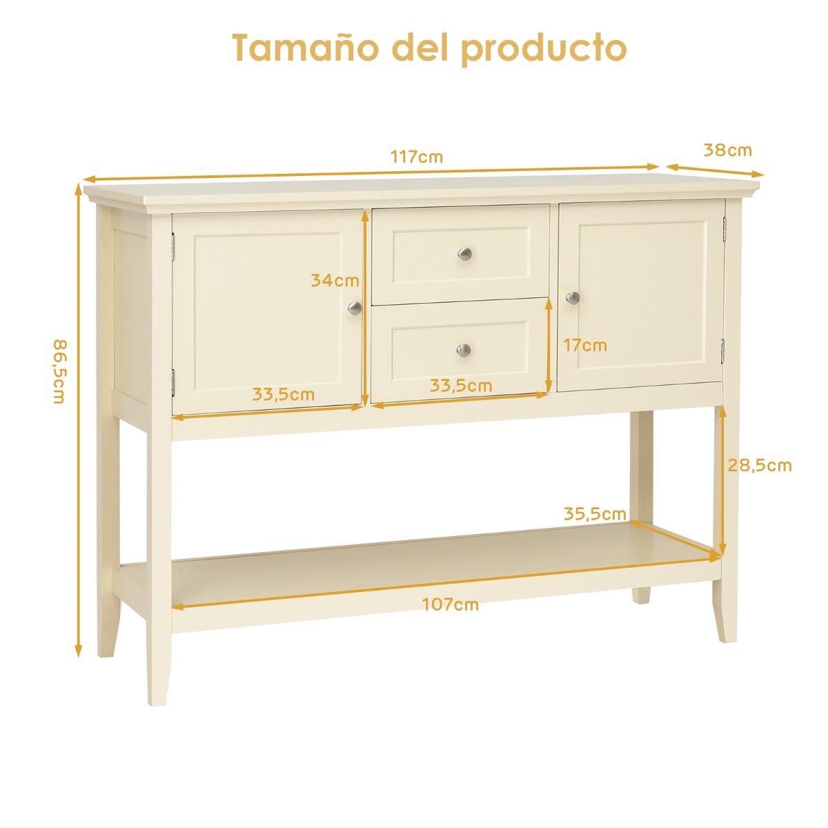 Aparador Cocina de Madera con 2 Cajones y 2 Repisa Abajo Puertas Mesa Auxiliar de Buffet para Salón Oficina 117 x 38 x 86,5 cm Beige