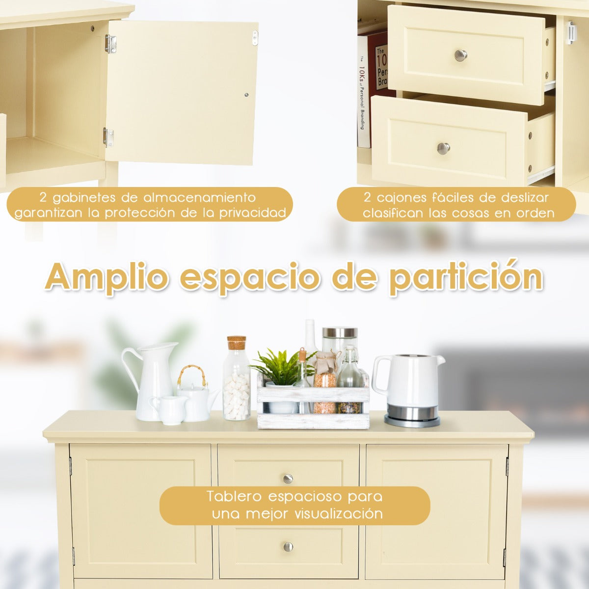 Aparador Cocina de Madera con 2 Cajones y 2 Repisa Abajo Puertas Mesa Auxiliar de Buffet para Salón Oficina 117 x 38 x 86,5 cm Beige