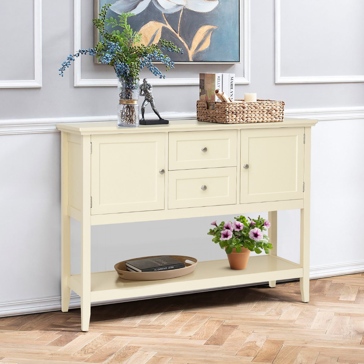 Aparador Cocina de Madera con 2 Cajones y 2 Repisa Abajo Puertas Mesa Auxiliar de Buffet para Salón Oficina 117 x 38 x 86,5 cm Beige