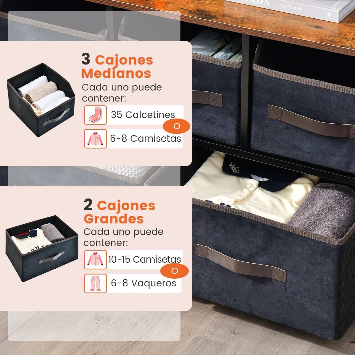 Aparador con 5 Cajones de Tela Cajonera con Armario Estante Antvuelco Cómoda Organizador para Dormitorio Salón 84 x 30 x 85 cm Marrón