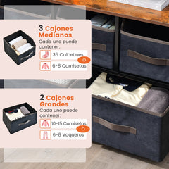 Aparador con 5 Cajones de Tela Cajonera con Armario Estante Antvuelco Cómoda Organizador para Dormitorio Salón 84 x 30 x 85 cm Marrón