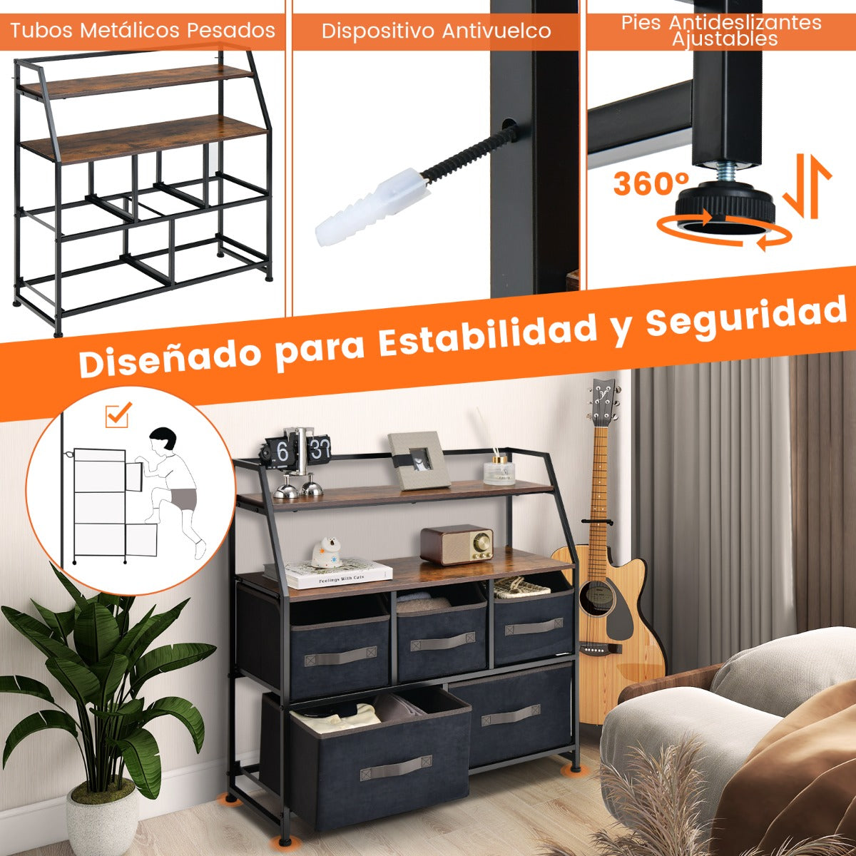 Aparador con 5 Cajones de Tela Cajonera con Armario Estante Antvuelco Cómoda Organizador para Dormitorio Salón 84 x 30 x 85 cm Marrón