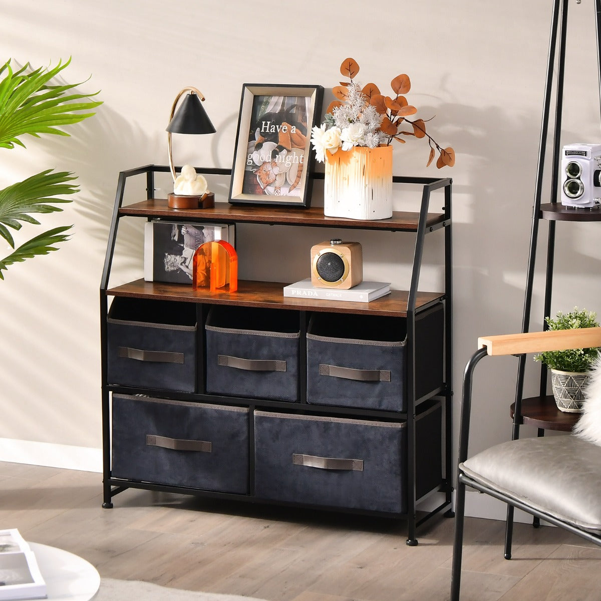 Aparador con 5 Cajones de Tela Cajonera con Armario Estante Antvuelco Cómoda Organizador para Dormitorio Salón 84 x 30 x 85 cm Marrón