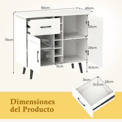 Aparador Moderno Gabinete de Bar con Botellero para 6 Botellas 1 Cajón 2 Puertas y 2 Estantes Ajustables para Cocina Comedor Blanco