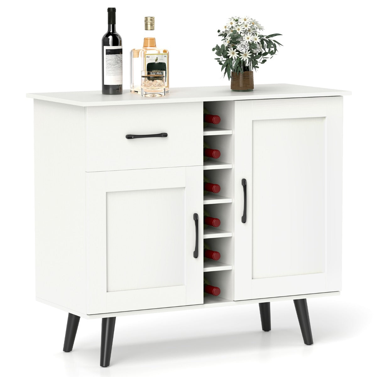 Aparador Moderno Gabinete de Bar con Botellero para 6 Botellas 1 Cajón 2 Puertas y 2 Estantes Ajustables para Cocina Comedor Blanco