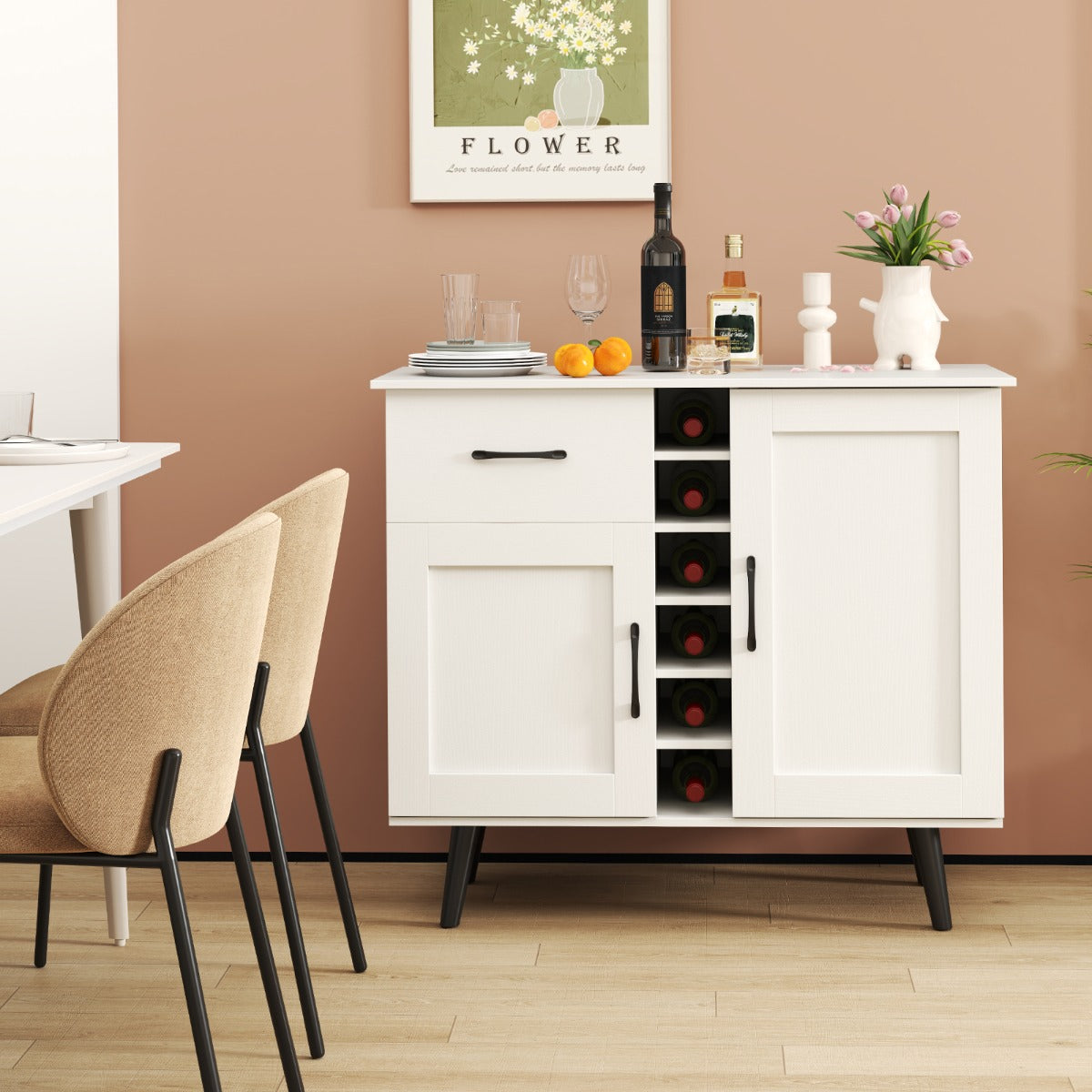 Aparador Moderno Gabinete de Bar con Botellero para 6 Botellas 1 Cajón 2 Puertas y 2 Estantes Ajustables para Cocina Comedor Blanco