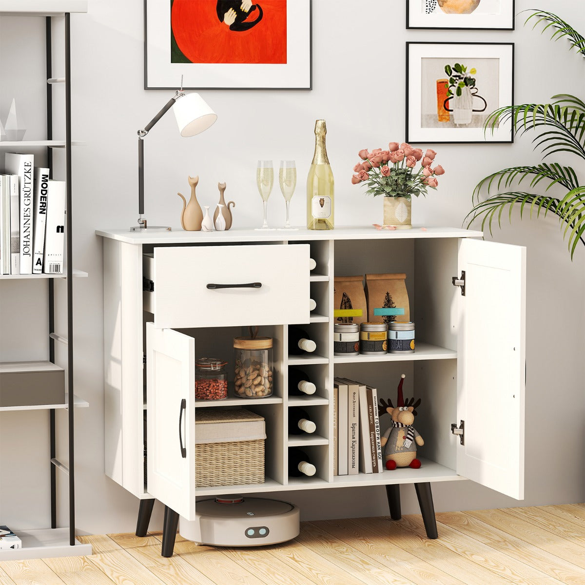 Aparador Moderno Gabinete de Bar con Botellero para 6 Botellas 1 Cajón 2 Puertas y 2 Estantes Ajustables para Cocina Comedor Blanco