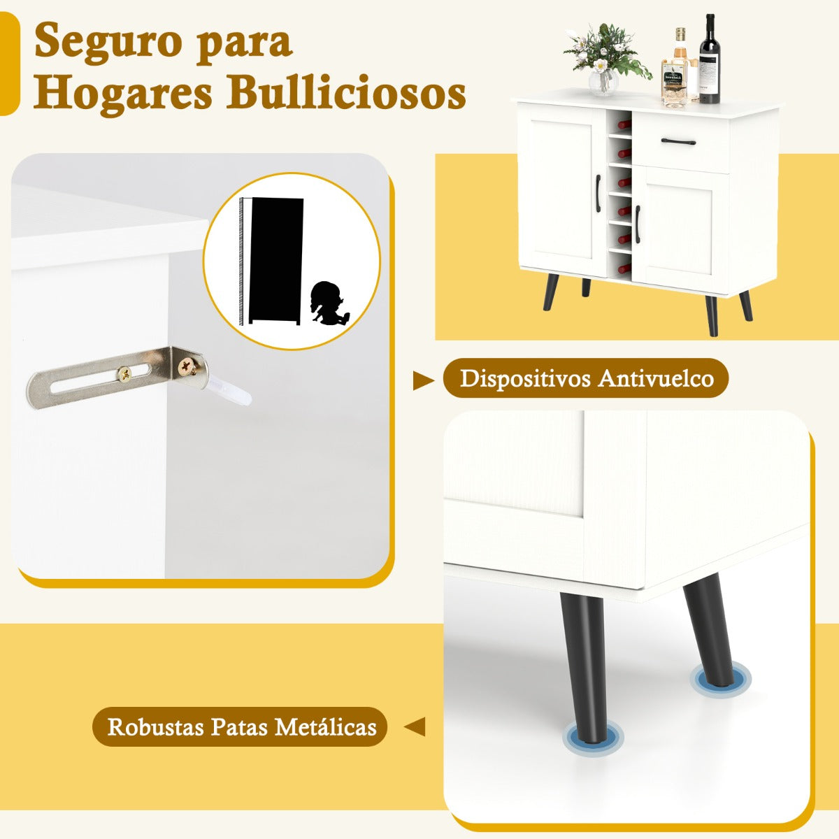 Aparador Moderno Gabinete de Bar con Botellero para 6 Botellas 1 Cajón 2 Puertas y 2 Estantes Ajustables para Cocina Comedor Blanco