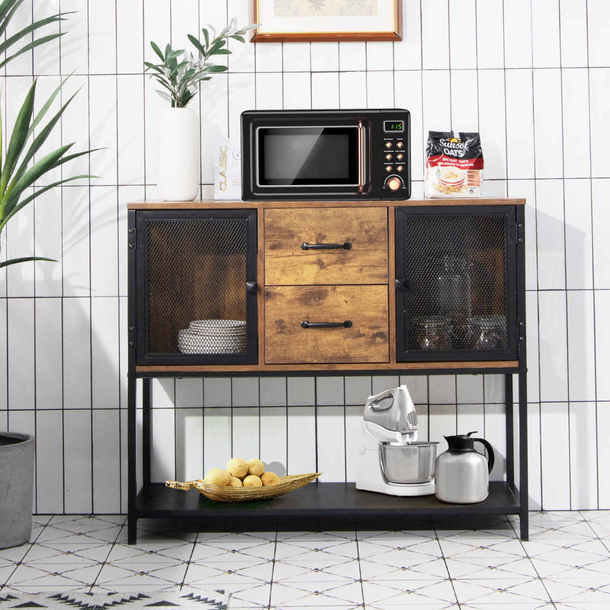 Despensa Industrial Consola con 2 Armarios 2 Cajones Aparador Multifuncional para Salón Comedor Cocina 100 x 35 x 85 cm Marrón