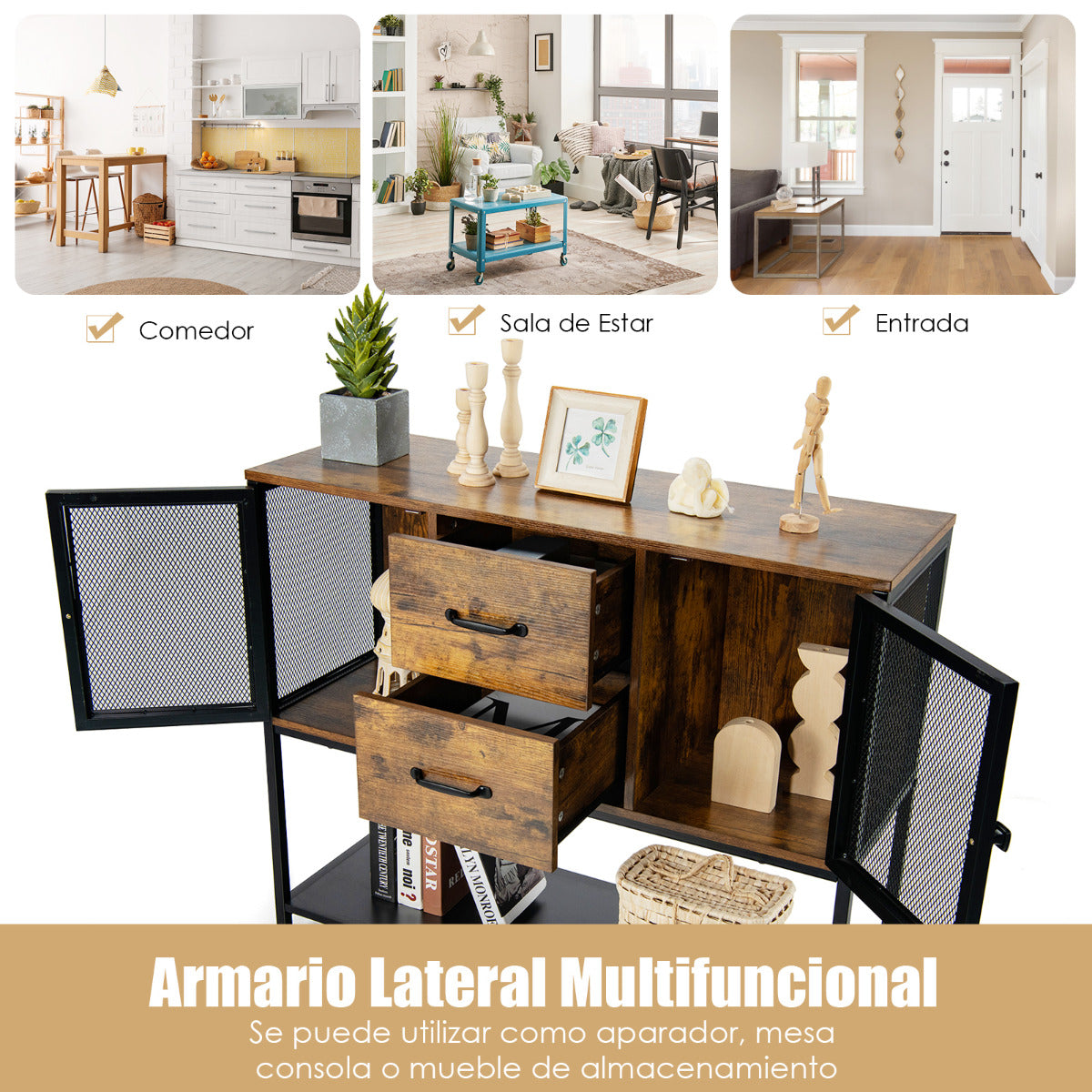 Despensa Industrial Consola con 2 Armarios 2 Cajones Aparador Multifuncional para Salón Comedor Cocina 100 x 35 x 85 cm Marrón