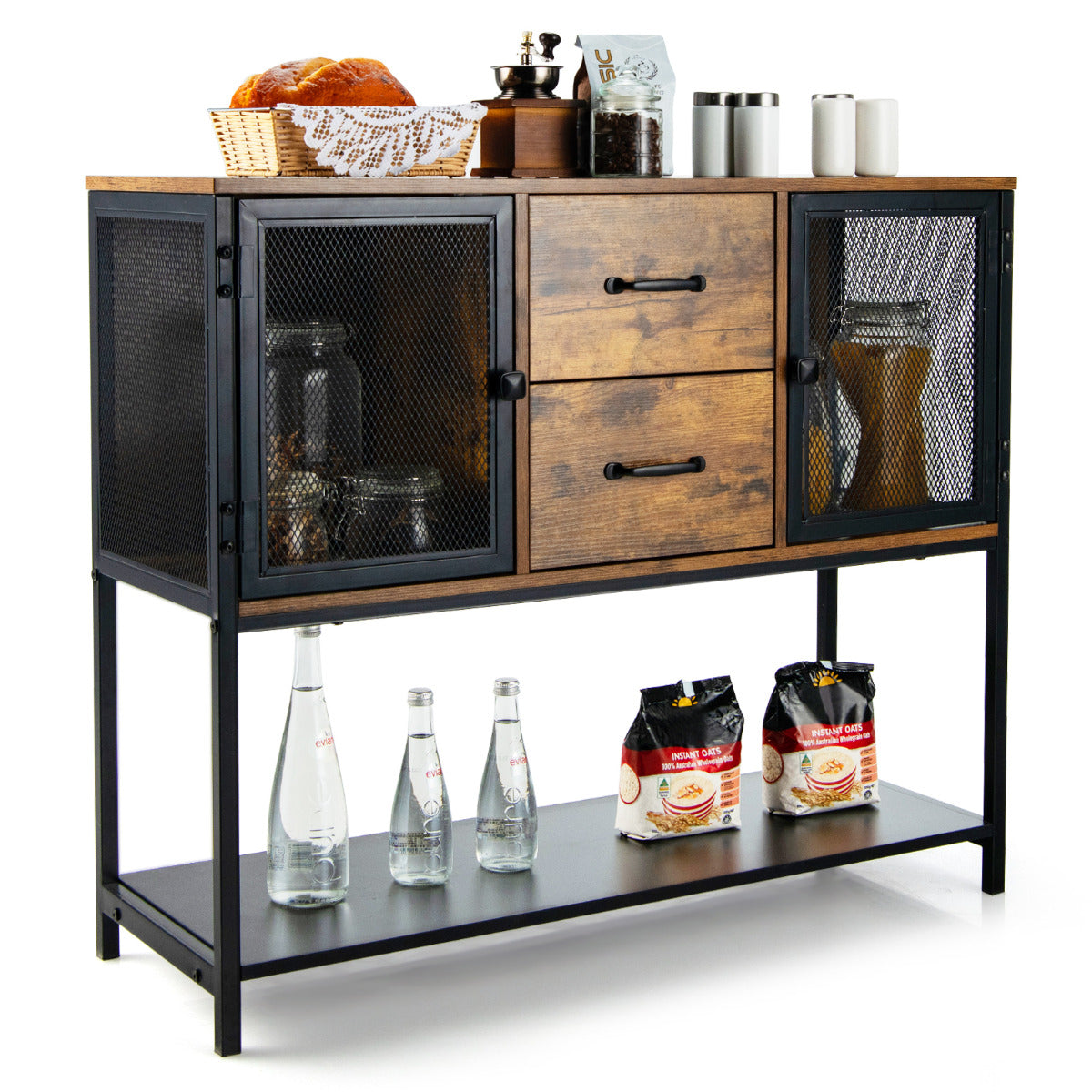 Despensa Industrial Consola con 2 Armarios 2 Cajones Aparador Multifuncional para Salón Comedor Cocina 100 x 35 x 85 cm Marrón