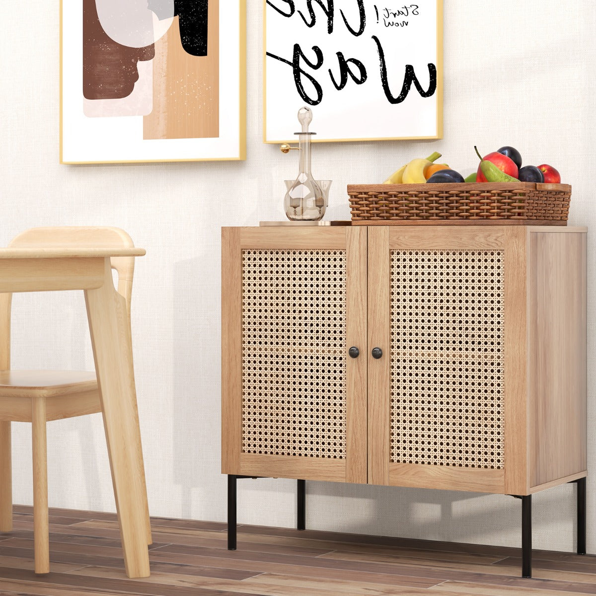 Aparador Armario Buffet con 2 Puertas de Ratán de Cocina con Estante Ajustable 3 Posiciones para Hogar Salón Comedor 80 x 40 x 80 cm Roble