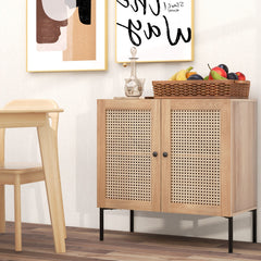 Aparador Armario Buffet con 2 Puertas de Ratán de Cocina con Estante Ajustable 3 Posiciones para Hogar Salón Comedor 80 x 40 x 80 cm Roble