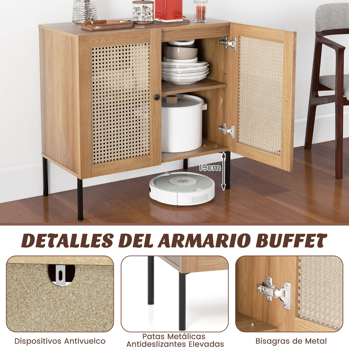 Aparador Armario Buffet con 2 Puertas de Ratán de Cocina con Estante Ajustable 3 Posiciones para Hogar Salón Comedor 80 x 40 x 80 cm Roble