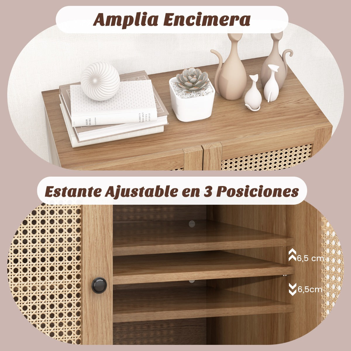 Aparador Armario Buffet con 2 Puertas de Ratán de Cocina con Estante Ajustable 3 Posiciones para Hogar Salón Comedor 80 x 40 x 80 cm Roble
