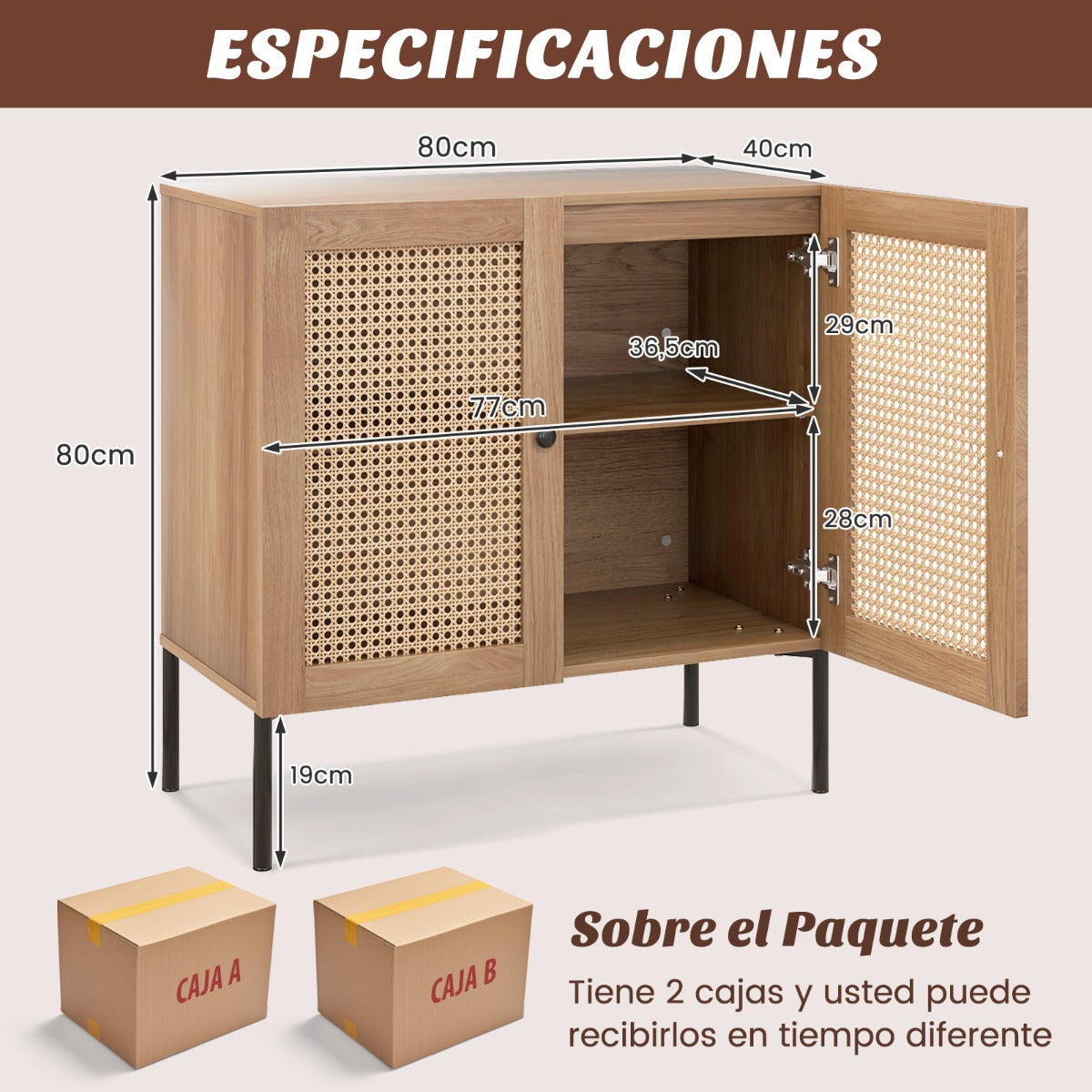 Aparador Armario Buffet con 2 Puertas de Ratán de Cocina con Estante Ajustable 3 Posiciones para Hogar Salón Comedor 80 x 40 x 80 cm Roble