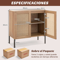 Aparador Armario Buffet con 2 Puertas de Ratán de Cocina con Estante Ajustable 3 Posiciones para Hogar Salón Comedor 80 x 40 x 80 cm Roble