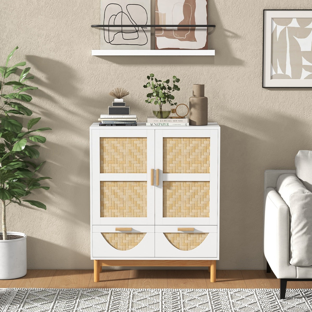 Aparador de 2 Puertas Gabinete de Almacenamiento con Piso Decorativo Puertas Tejidas de Bambú Estante Ajustable para Comedor Blanco