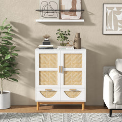 Aparador de 2 Puertas Gabinete de Almacenamiento con Piso Decorativo Puertas Tejidas de Bambú Estante Ajustable para Comedor Blanco