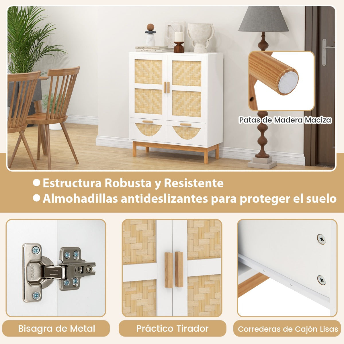 Aparador de 2 Puertas Gabinete de Almacenamiento con Piso Decorativo Puertas Tejidas de Bambú Estante Ajustable para Comedor Blanco