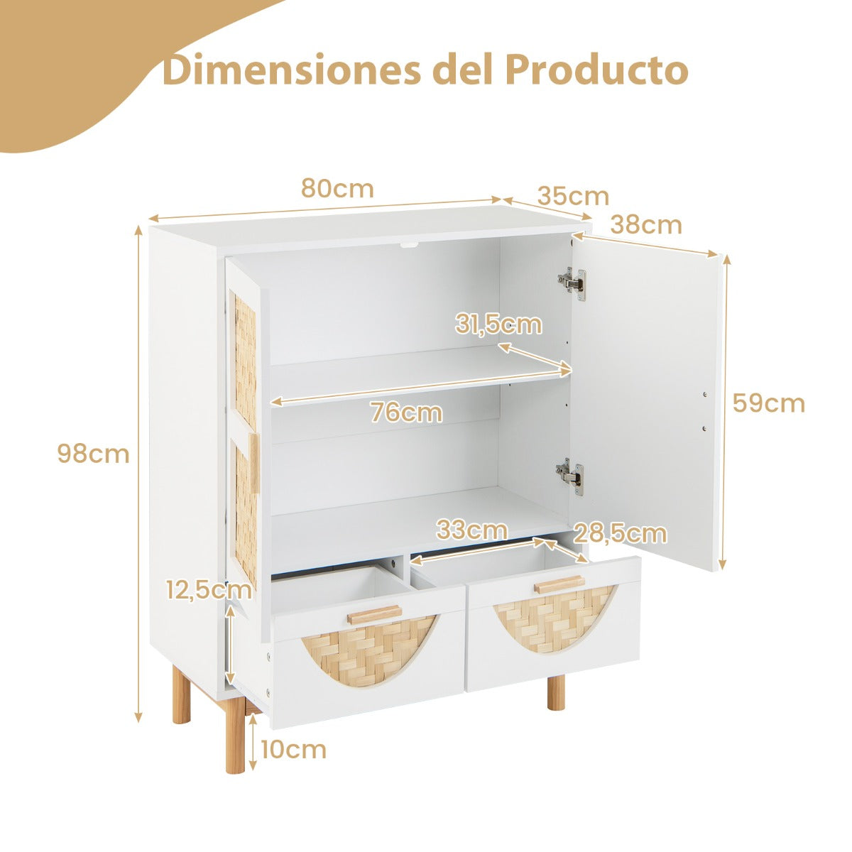 Aparador de 2 Puertas Gabinete de Almacenamiento con Piso Decorativo Puertas Tejidas de Bambú Estante Ajustable para Comedor Blanco