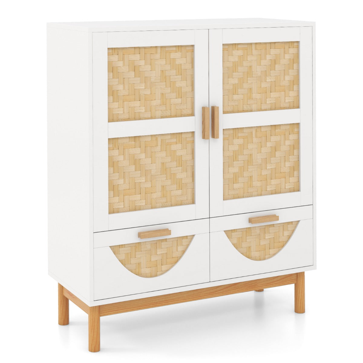 Aparador de 2 Puertas Gabinete de Almacenamiento con Piso Decorativo Puertas Tejidas de Bambú Estante Ajustable para Comedor Blanco