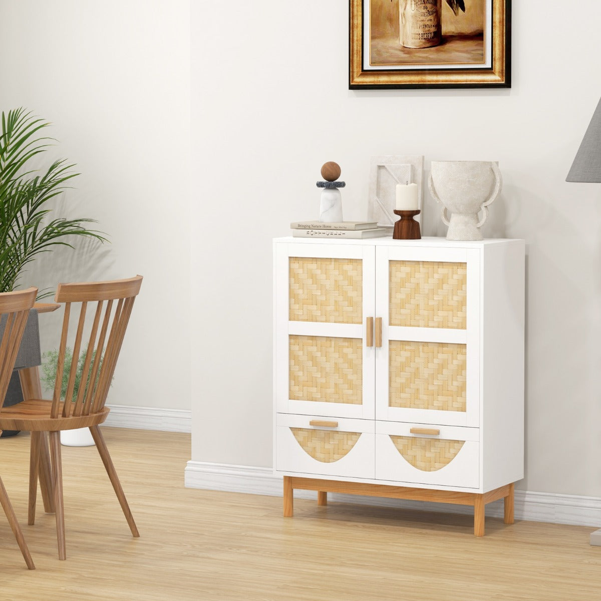 Aparador de 2 Puertas Gabinete de Almacenamiento con Piso Decorativo Puertas Tejidas de Bambú Estante Ajustable para Comedor Blanco