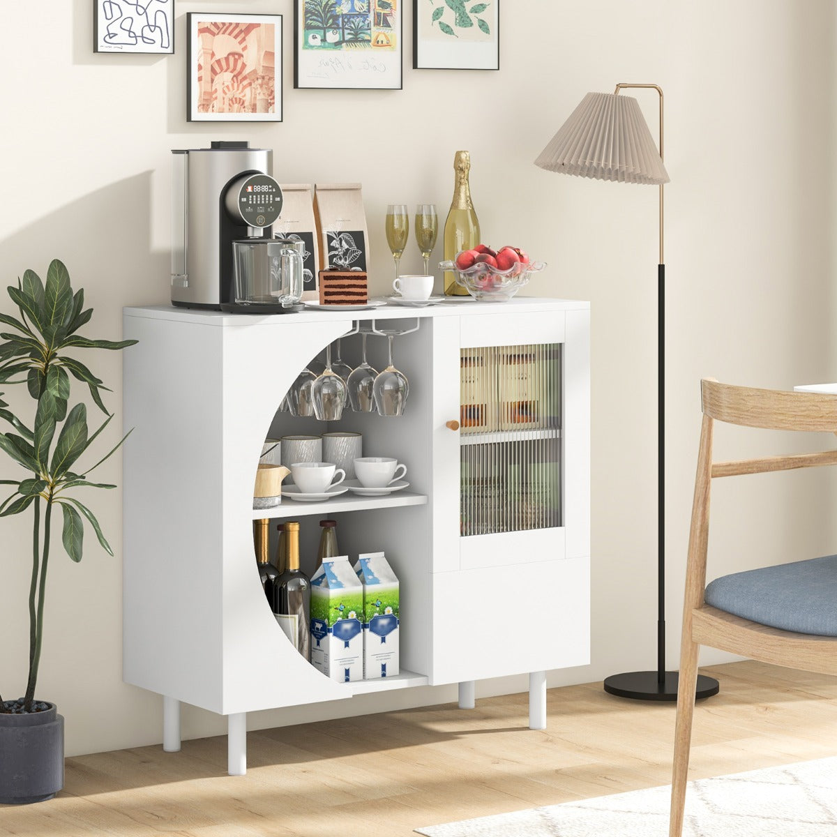 Aparador de Cocina con Soporte para Vasos Puertas de Vidrio Templado Gabinete de Buffet de Madera para Sala de Estar Comedor Blanco