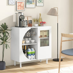 Aparador de Cocina con Soporte para Vasos Puertas de Vidrio Templado Gabinete de Buffet de Madera para Sala de Estar Comedor Blanco