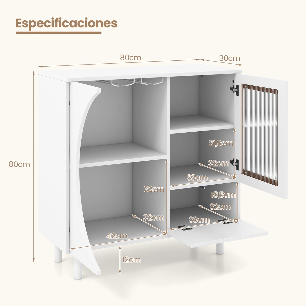 Aparador de Cocina con Soporte para Vasos Puertas de Vidrio Templado Gabinete de Buffet de Madera para Sala de Estar Comedor Blanco