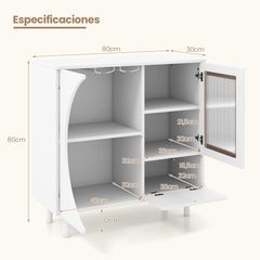 Aparador de Cocina con Soporte para Vasos Puertas de Vidrio Templado Gabinete de Buffet de Madera para Sala de Estar Comedor Blanco