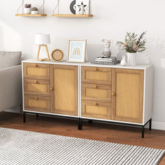 Aparador de Cocina de Ratán con Puerta y 3 Cajones Mueble Buffet Auxiliar para Sala de Estar Pasillo Entrada 80 x 35 x 80,5 cm Blanco