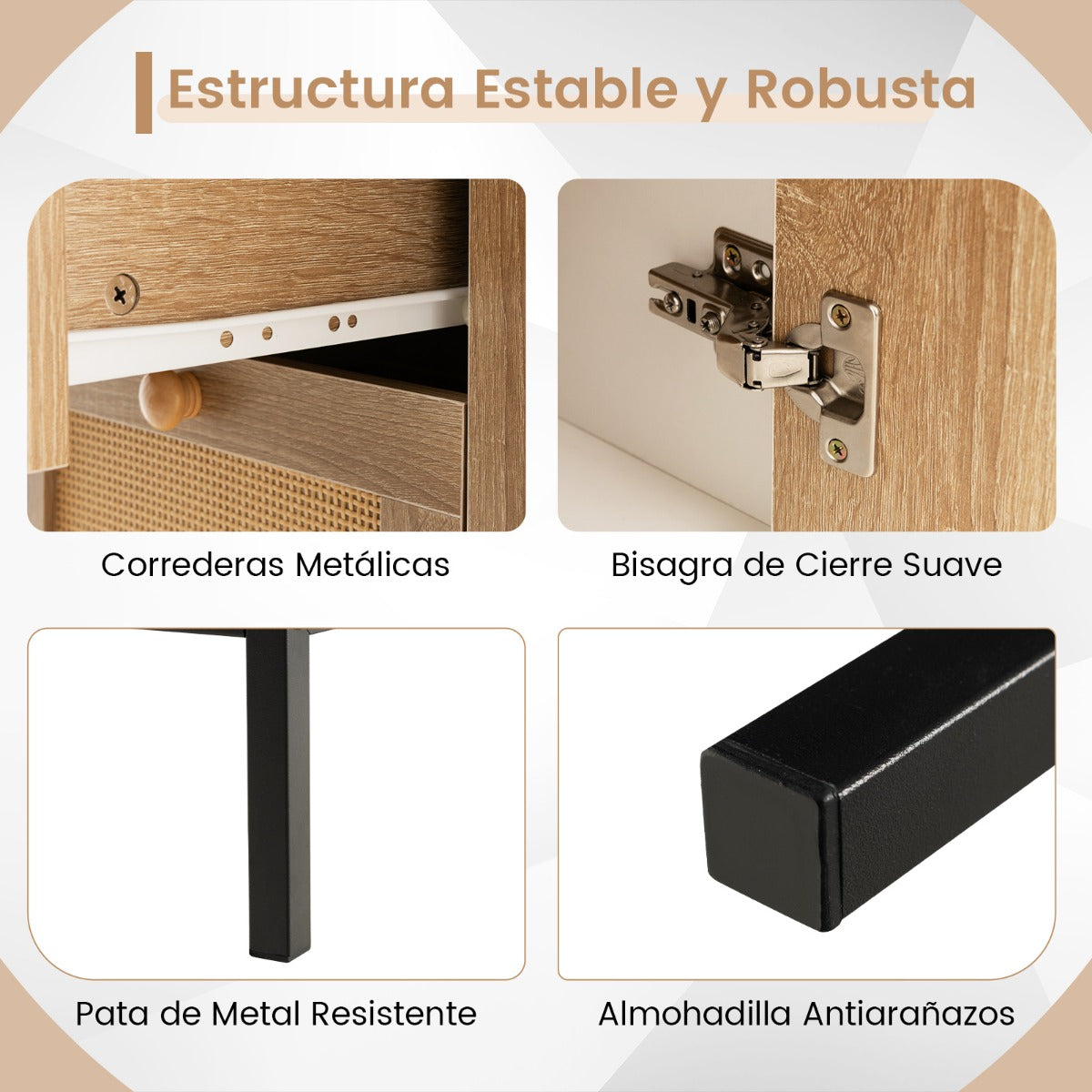 Aparador de Cocina de Ratán con Puerta y 3 Cajones Mueble Buffet Auxiliar para Sala de Estar Pasillo Entrada 80 x 35 x 80,5 cm Blanco